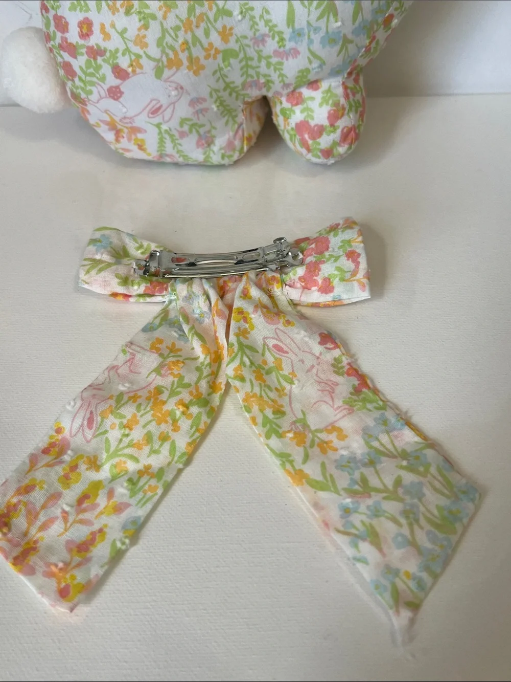 Floral Fabric Bunny Plush Purse with Matching Fabric Hair Bow Barrette